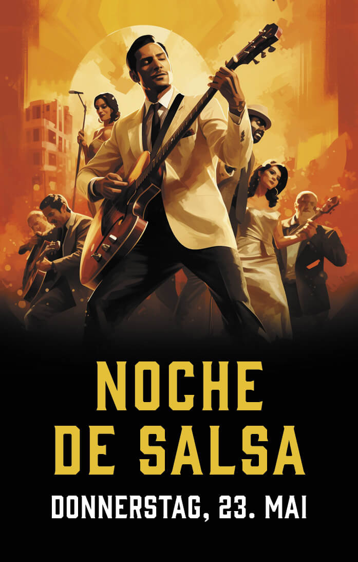 Salsa-Fiesta im Joe Peña’s Heilbronn, Im Vordergrund spiel ein Mann Gitarre, im Hintergrund tanzen Menschen und eine Band spielt